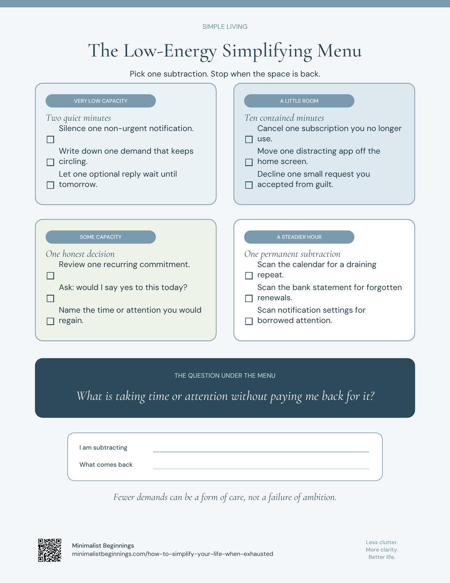 Low-energy simplifying menu with small subtraction choices for very low, low, moderate, and steadier capacity.